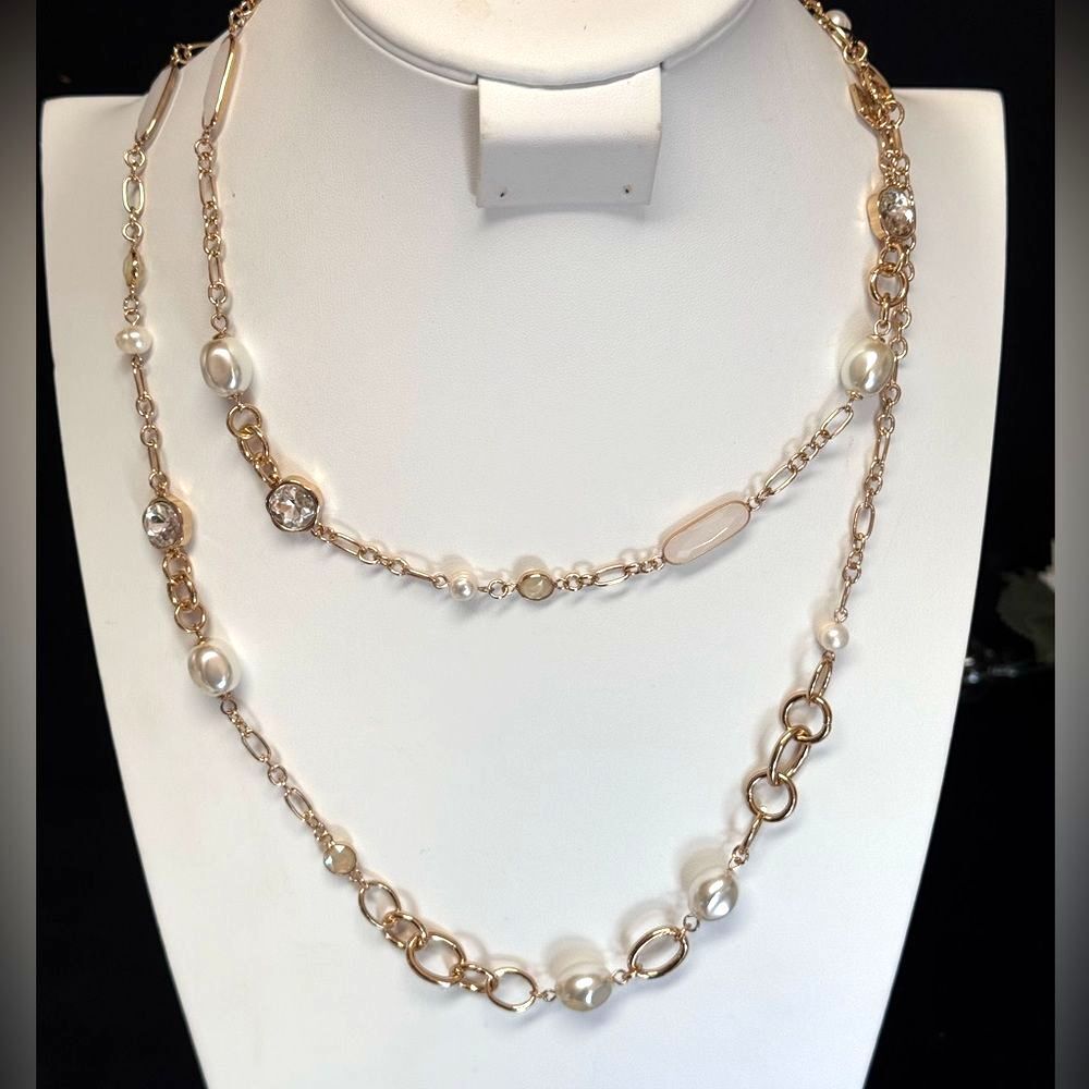 Laundry By Shelli Segal Gold Crystal and Pearl Necklace 48 inch